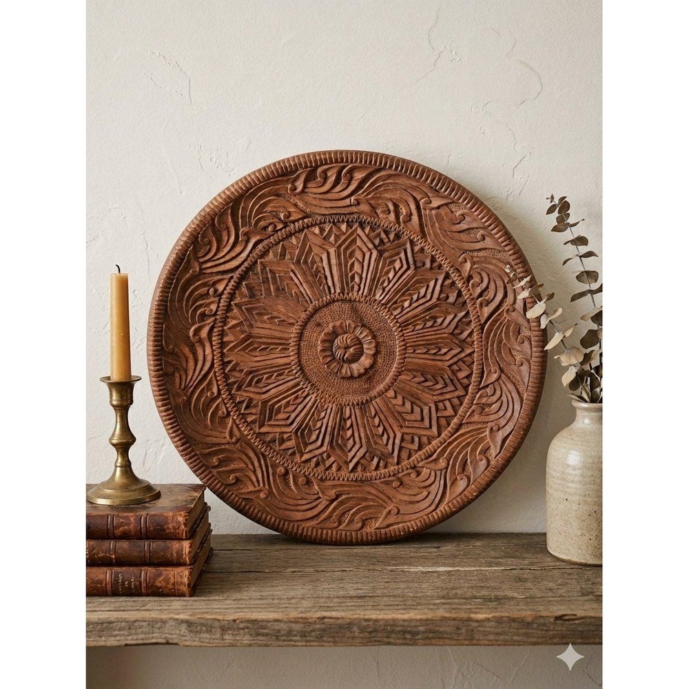 Vintage Hand Carved Wood Platter Wall Plaque Primitive Floral 16" Rustic Cottage